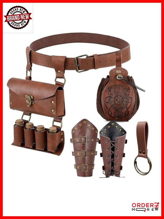 Leather Belt Pouch Medieval Costume Viking Bracer Set for Men Women